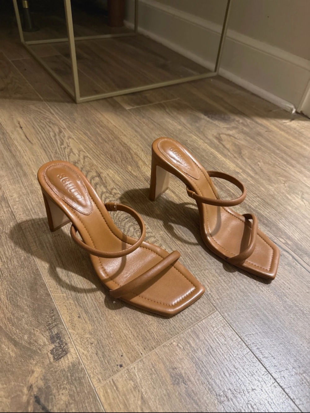 SCHUTZ Tan Strappy Square-Toe High Heel Sandals